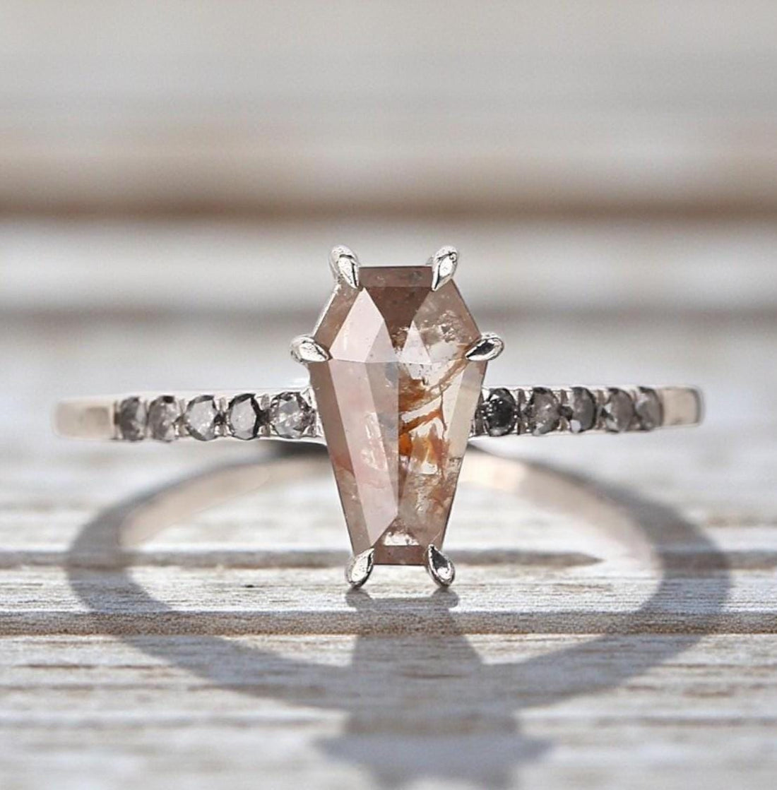 14K Yellow Gold Coffin Cut Grey Salt and Pepper Natural Diamond Engagement Ring