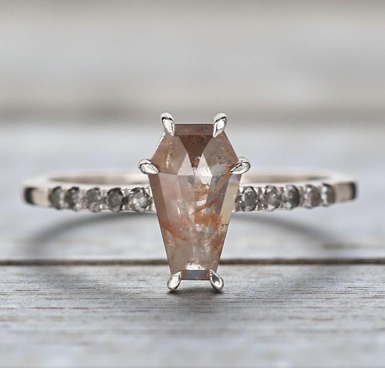 14K Yellow Gold Coffin Cut Grey Salt and Pepper Natural Diamond Engagement Ring