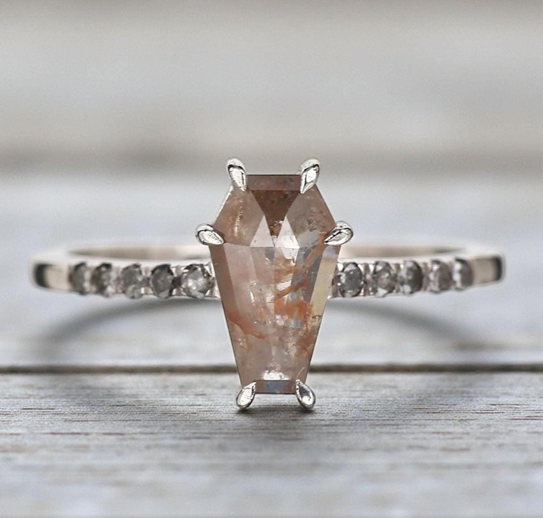 14K Yellow Gold Coffin Cut Grey Salt and Pepper Natural Diamond Engagement Ring