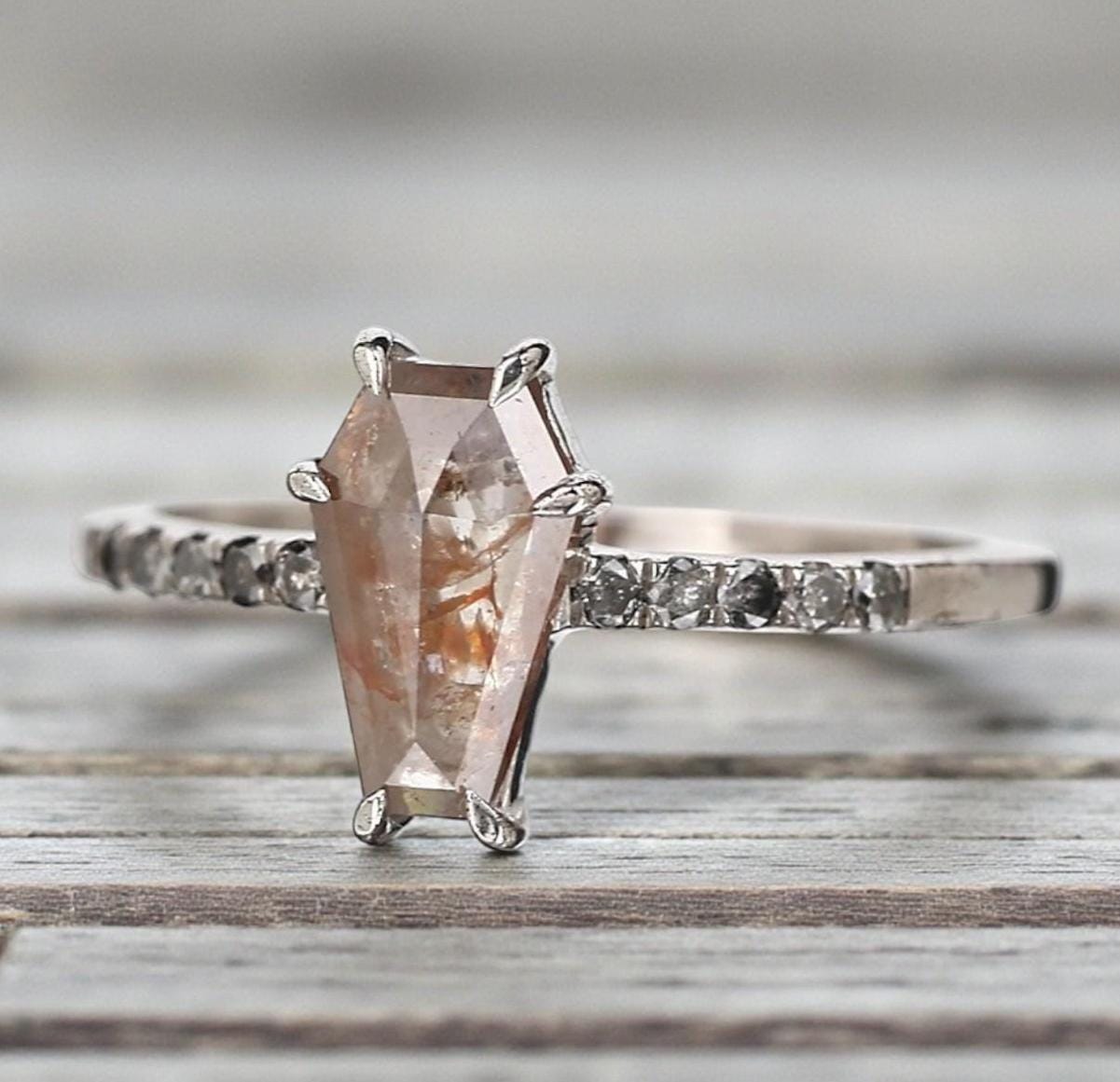 14K Yellow Gold Coffin Cut Grey Salt and Pepper Natural Diamond Engagement Ring