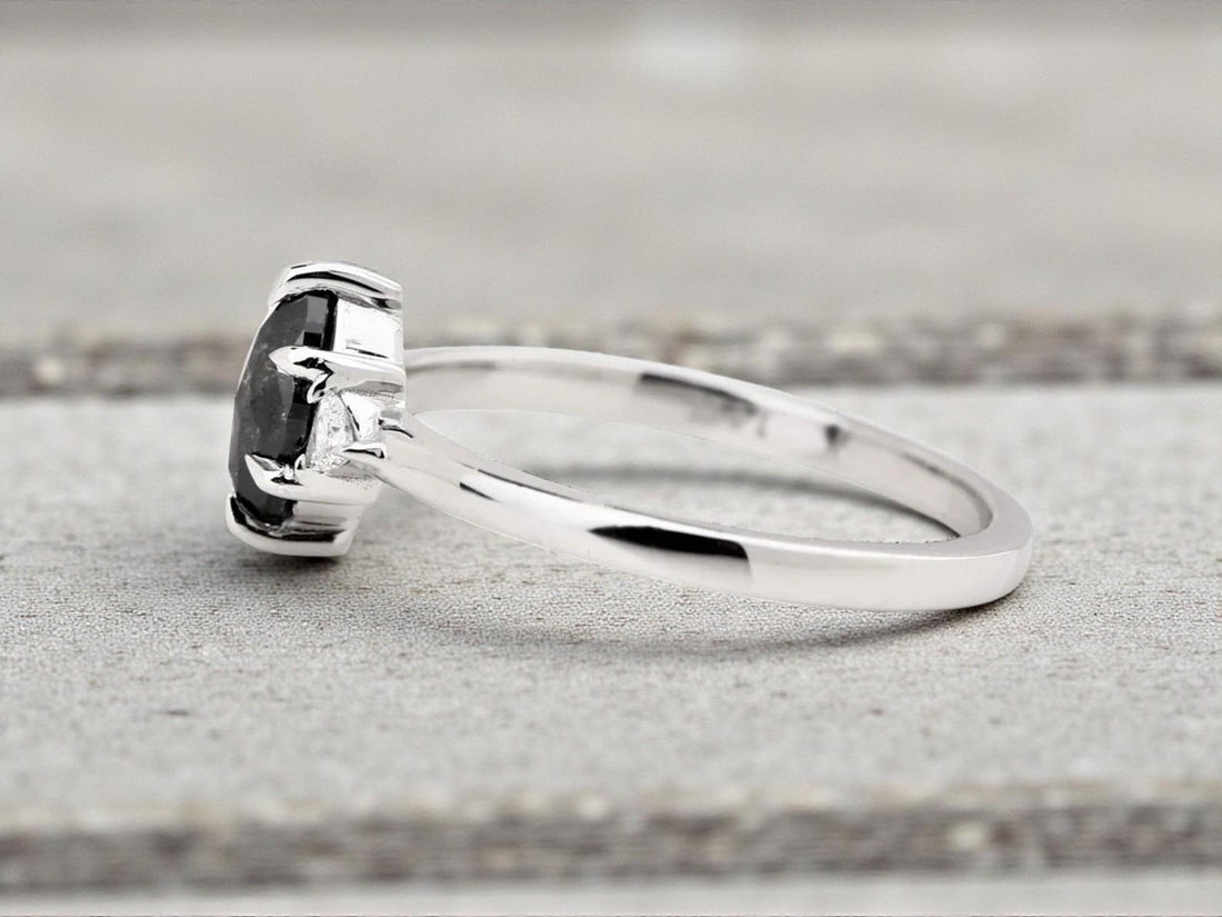 14K White Gold Marquise Cut Grey Salt and Pepper Natural Diamond Promise Ring