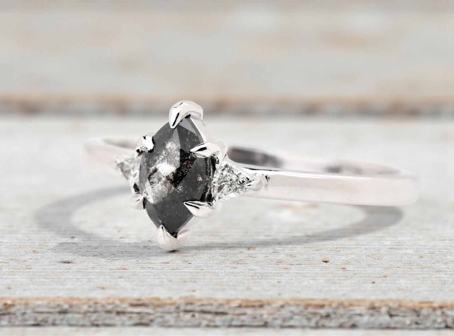 14K White Gold Marquise Cut Grey Salt and Pepper Natural Diamond Promise Ring