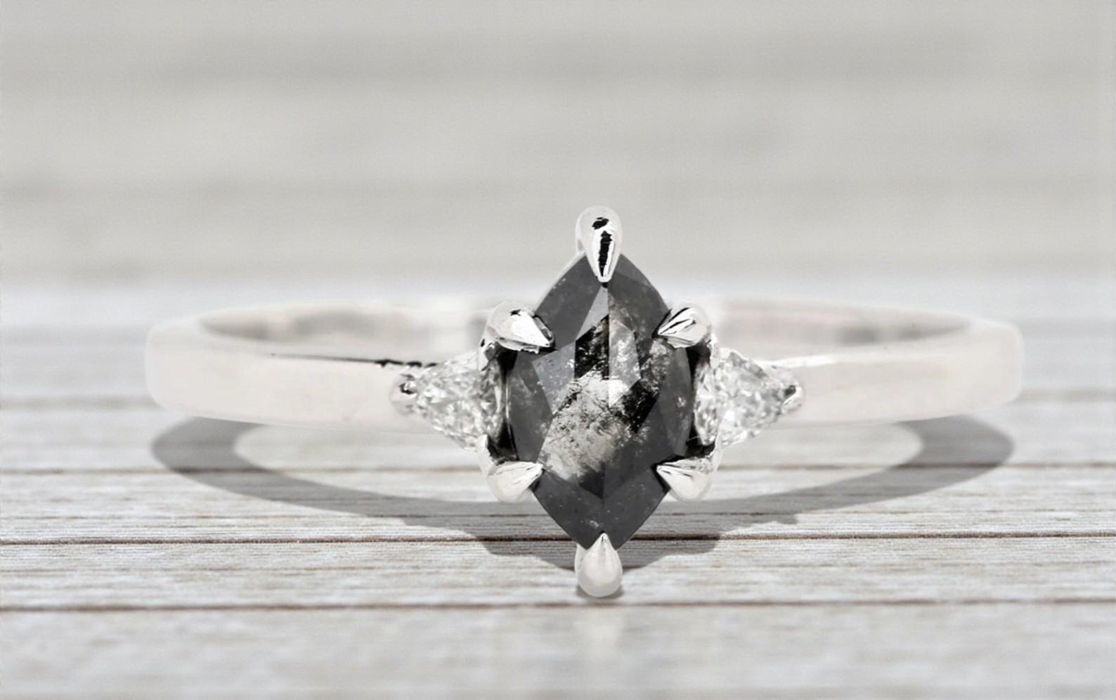 14K White Gold Marquise Cut Grey Salt and Pepper Natural Diamond Promise Ring