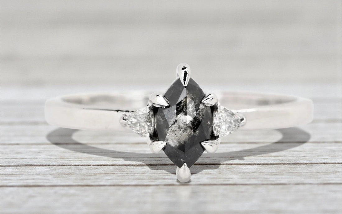 14K White Gold Marquise Cut Grey Salt and Pepper Natural Diamond Promise Ring