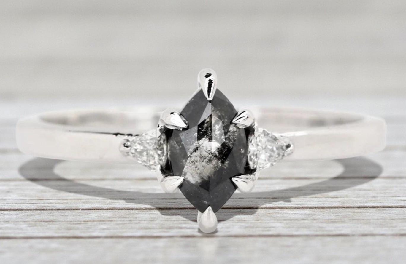 14K White Gold Marquise Cut Grey Salt and Pepper Natural Diamond Promise Ring