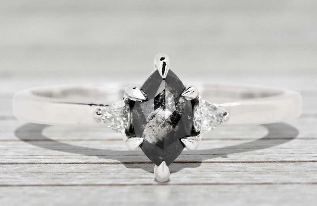 14K White Gold Marquise Cut Grey Salt and Pepper Natural Diamond Promise Ring
