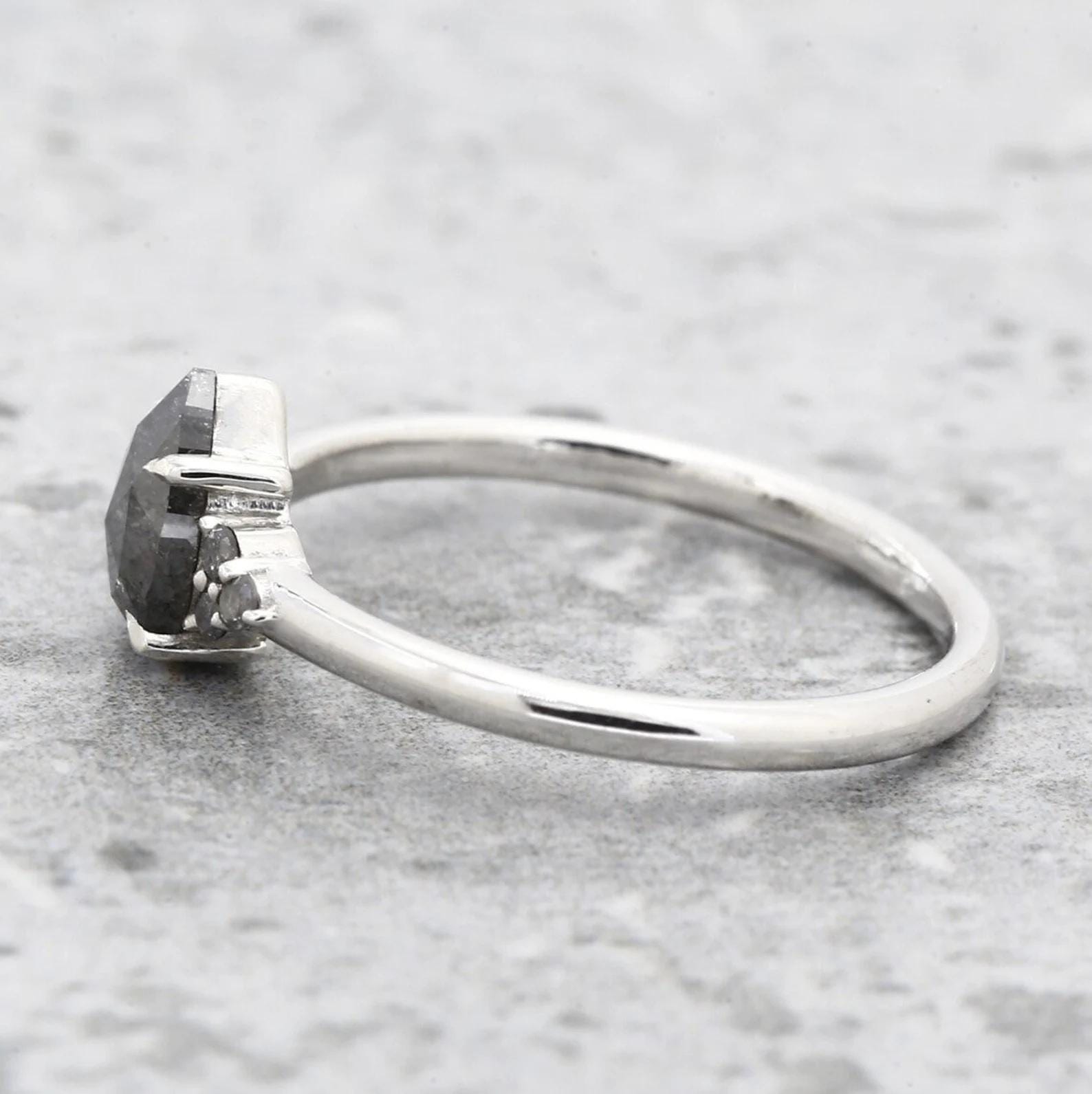 14K White Gold Grey Salt and Pepper Pear Cut Natural Diamond Promise Ring