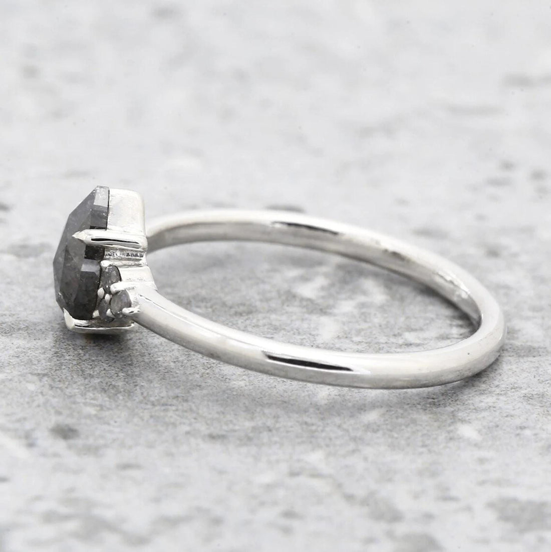 14K White Gold Grey Salt and Pepper Pear Cut Natural Diamond Promise Ring