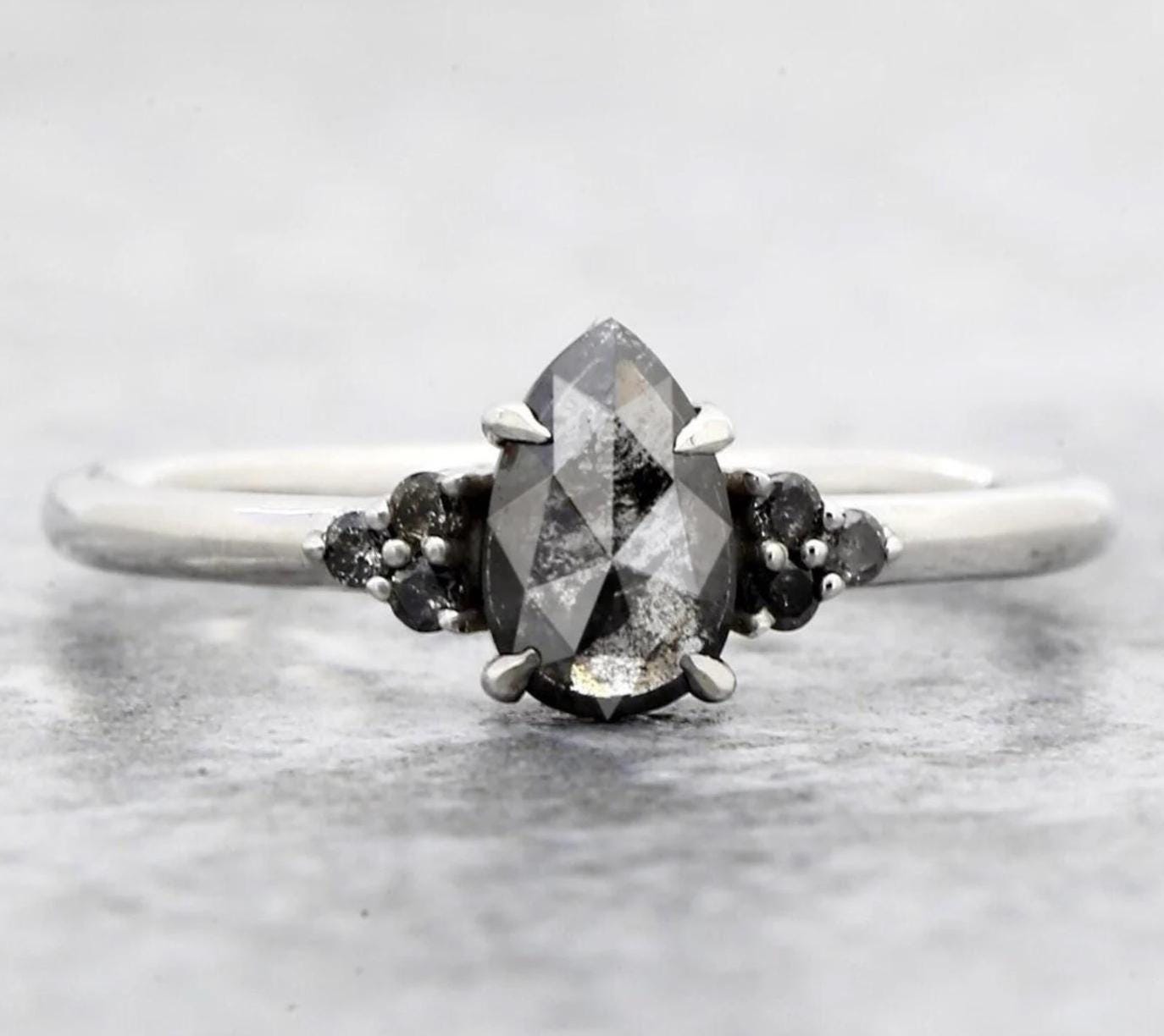 14K White Gold Grey Salt and Pepper Pear Cut Natural Diamond Promise Ring