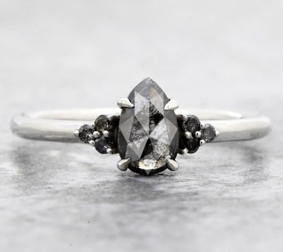 14K White Gold Grey Salt and Pepper Pear Cut Natural Diamond Promise Ring