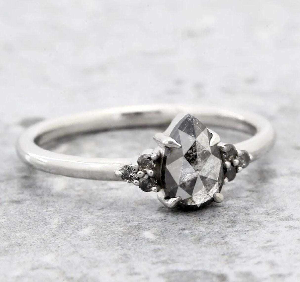 14K White Gold Grey Salt and Pepper Pear Cut Natural Diamond Promise Ring