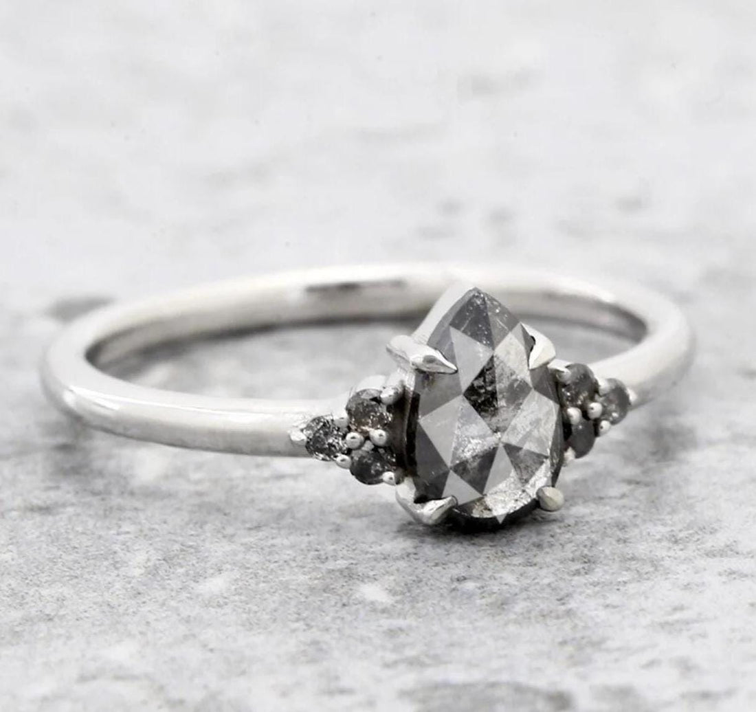 14K White Gold Grey Salt and Pepper Pear Cut Natural Diamond Promise Ring