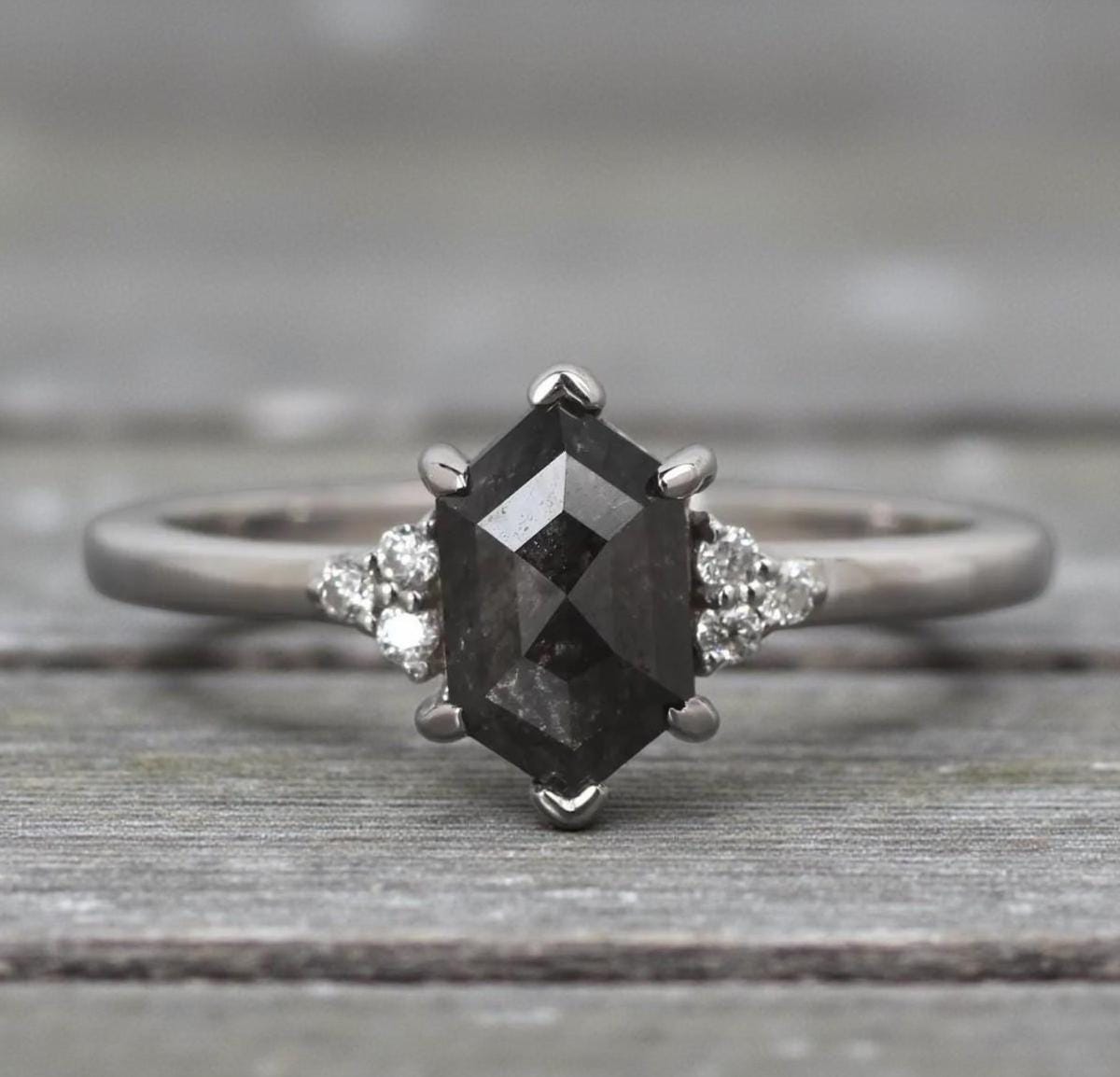 14K Yellow Gold Hexagon Cut Grey Salt and Pepper Natural Diamond Engagement Ring