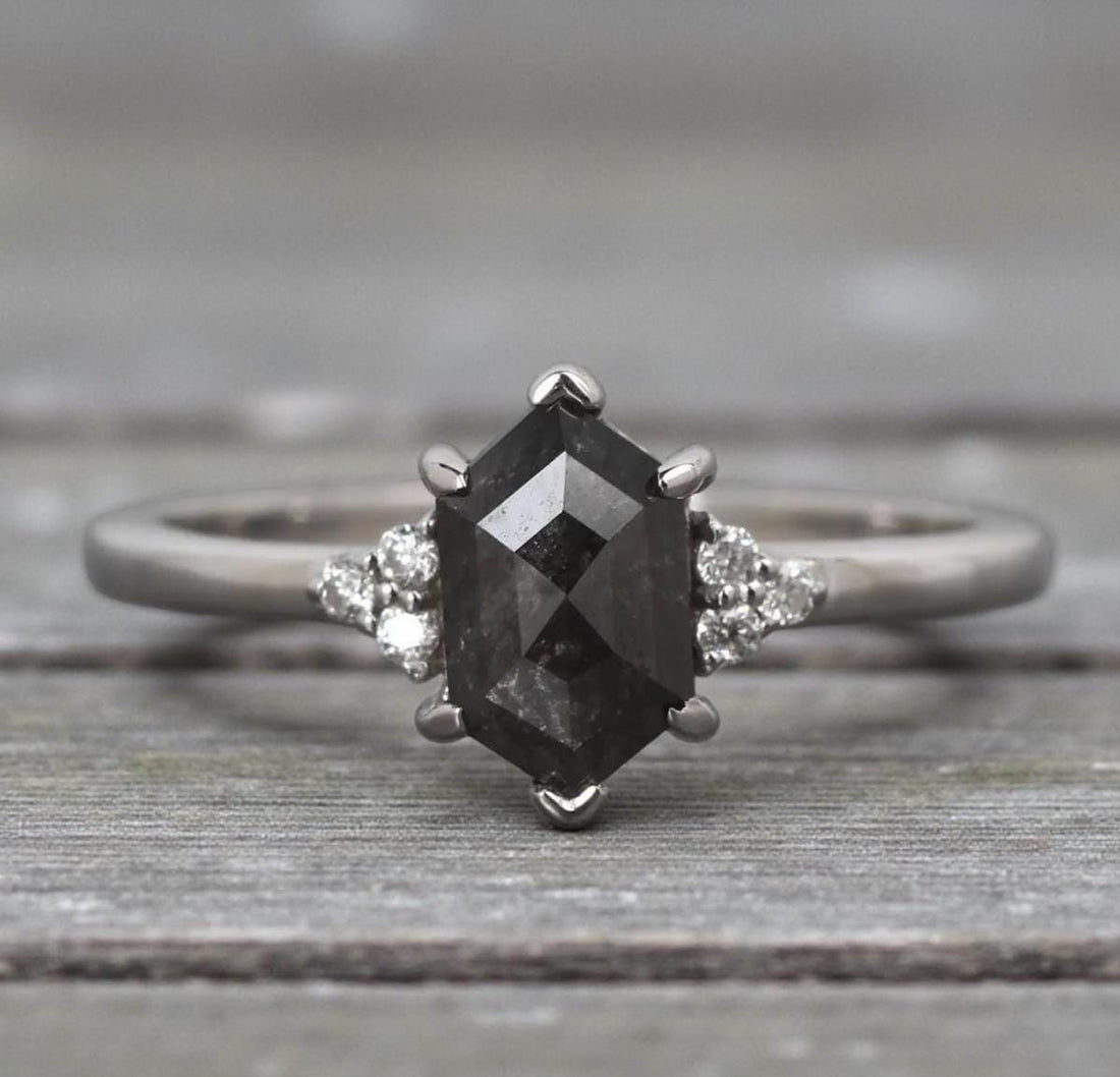 14K Yellow Gold Hexagon Cut Grey Salt and Pepper Natural Diamond Engagement Ring