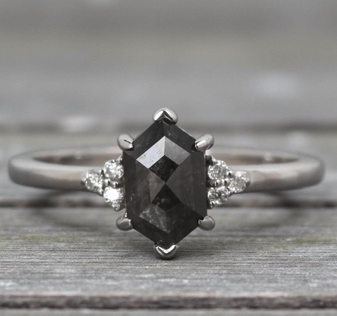 14K Yellow Gold Hexagon Cut Grey Salt and Pepper Natural Diamond Engagement Ring