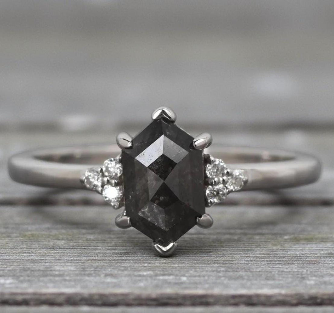 14K Yellow Gold Hexagon Cut Grey Salt and Pepper Natural Diamond Engagement Ring