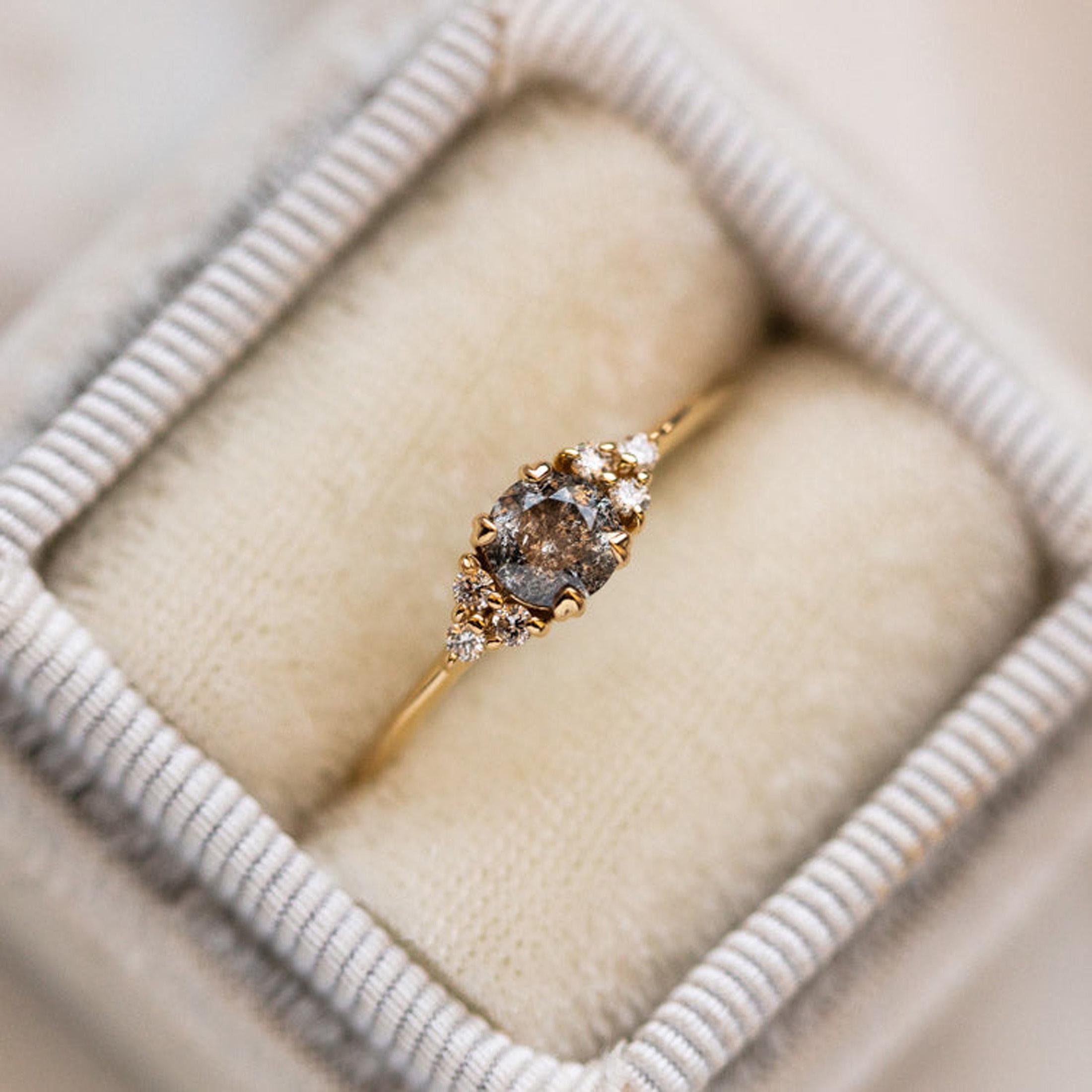 14K White Gold Grey Salt & Pepper Natural Unique Round Cut Diamond Ring