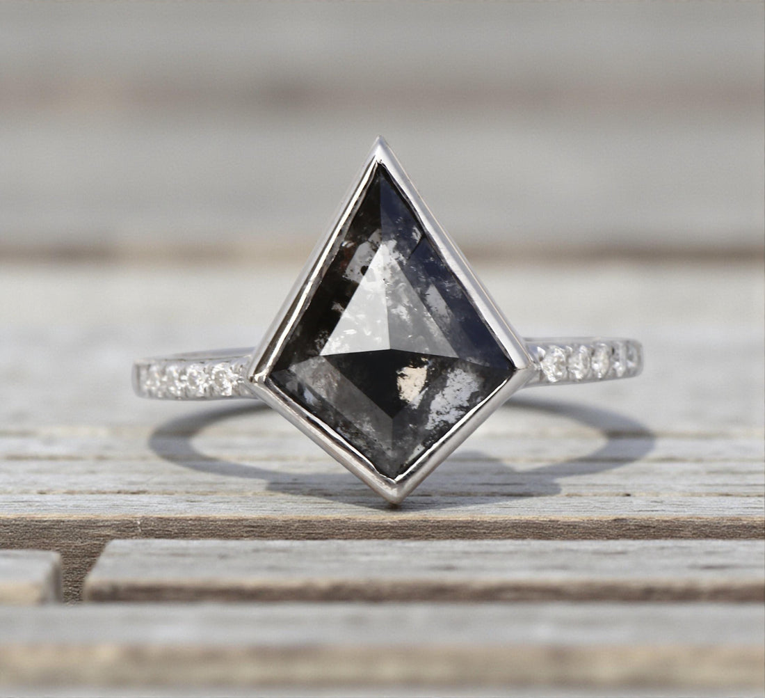 14K White Gold Grey Salt and Pepper Kite Cut Natural Diamond Engagement Ring