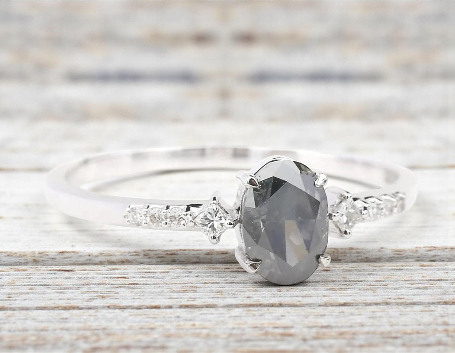 14K White Gold Grey Oval Cut Salt and Pepper Natural Diamond Promise Ring