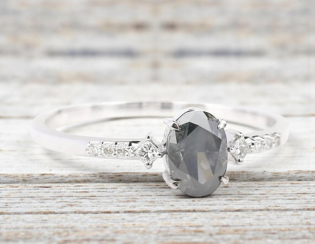 14K White Gold Grey Oval Cut Salt and Pepper Natural Diamond Promise Ring