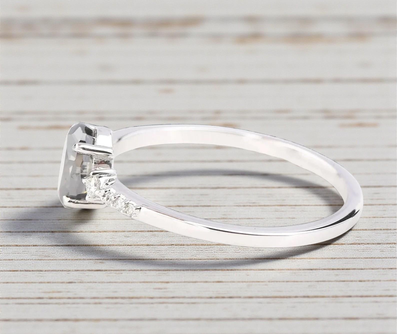 14K White Gold Grey Oval Cut Salt and Pepper Natural Diamond Promise Ring