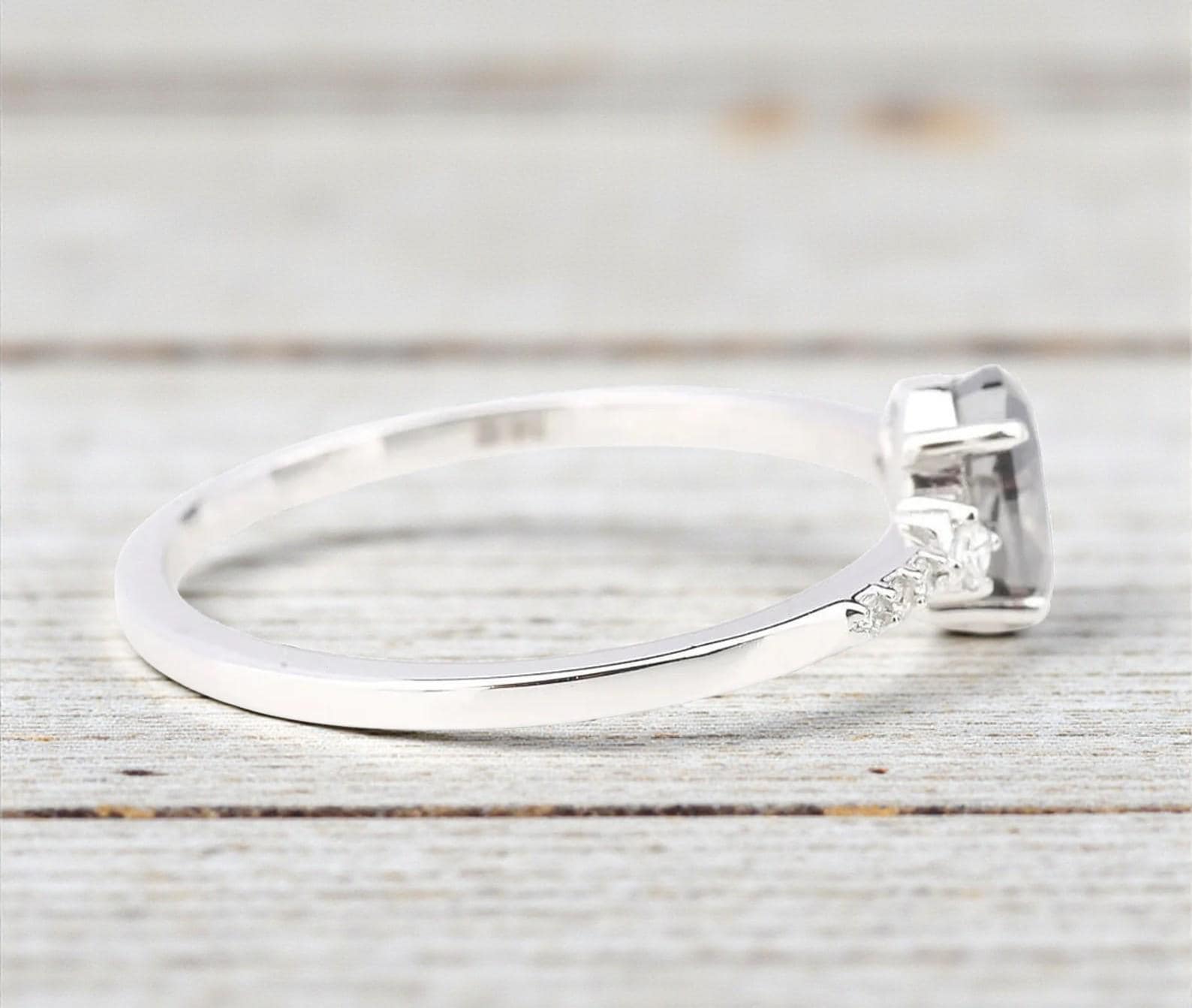 14K White Gold Grey Oval Cut Salt and Pepper Natural Diamond Promise Ring