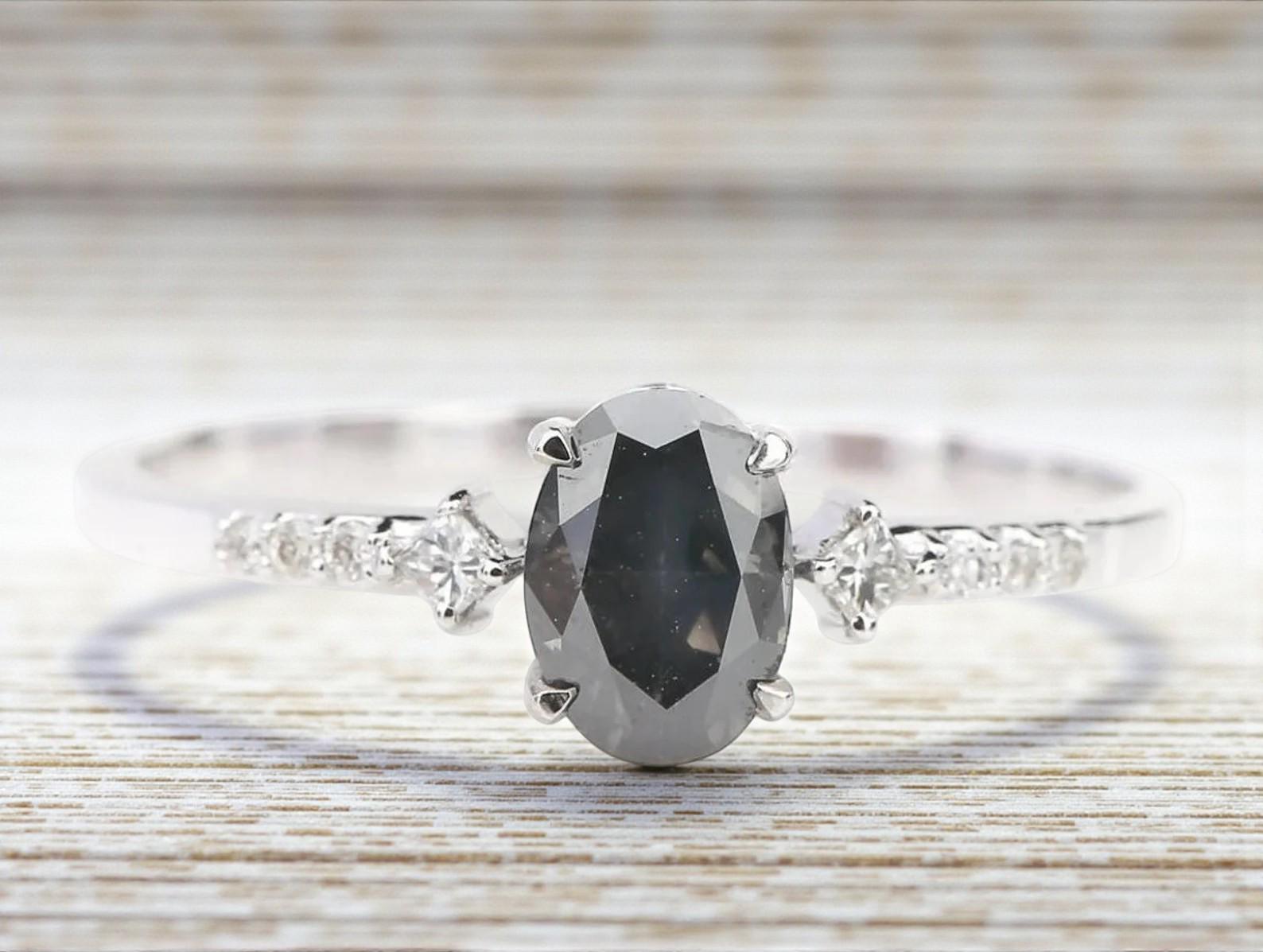 14K White Gold Grey Oval Cut Salt and Pepper Natural Diamond Promise Ring