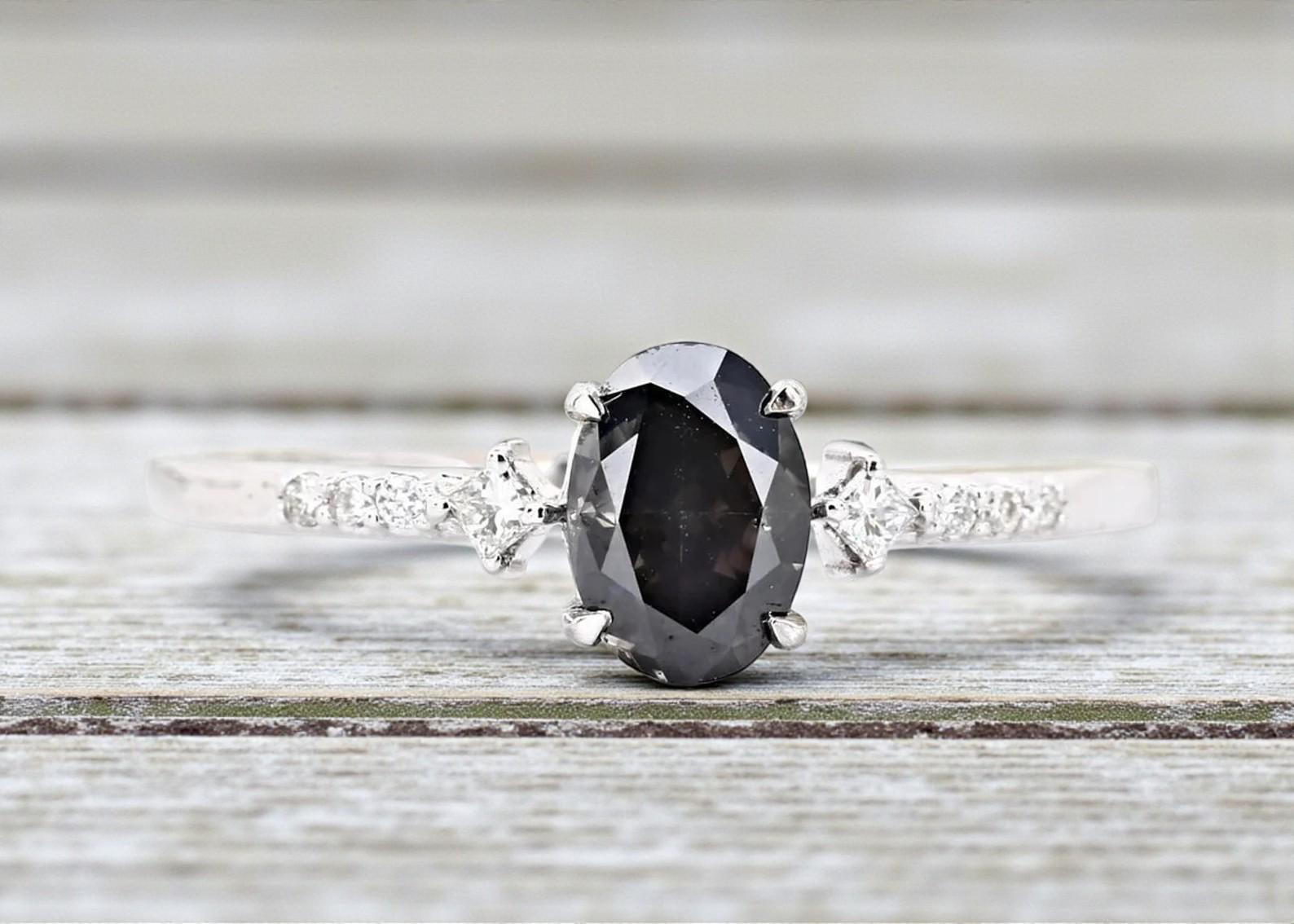 14K White Gold Grey Oval Cut Salt and Pepper Natural Diamond Promise Ring