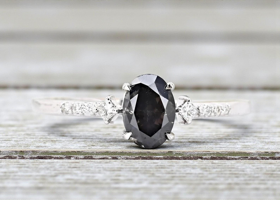 14K White Gold Grey Oval Cut Salt and Pepper Natural Diamond Promise Ring