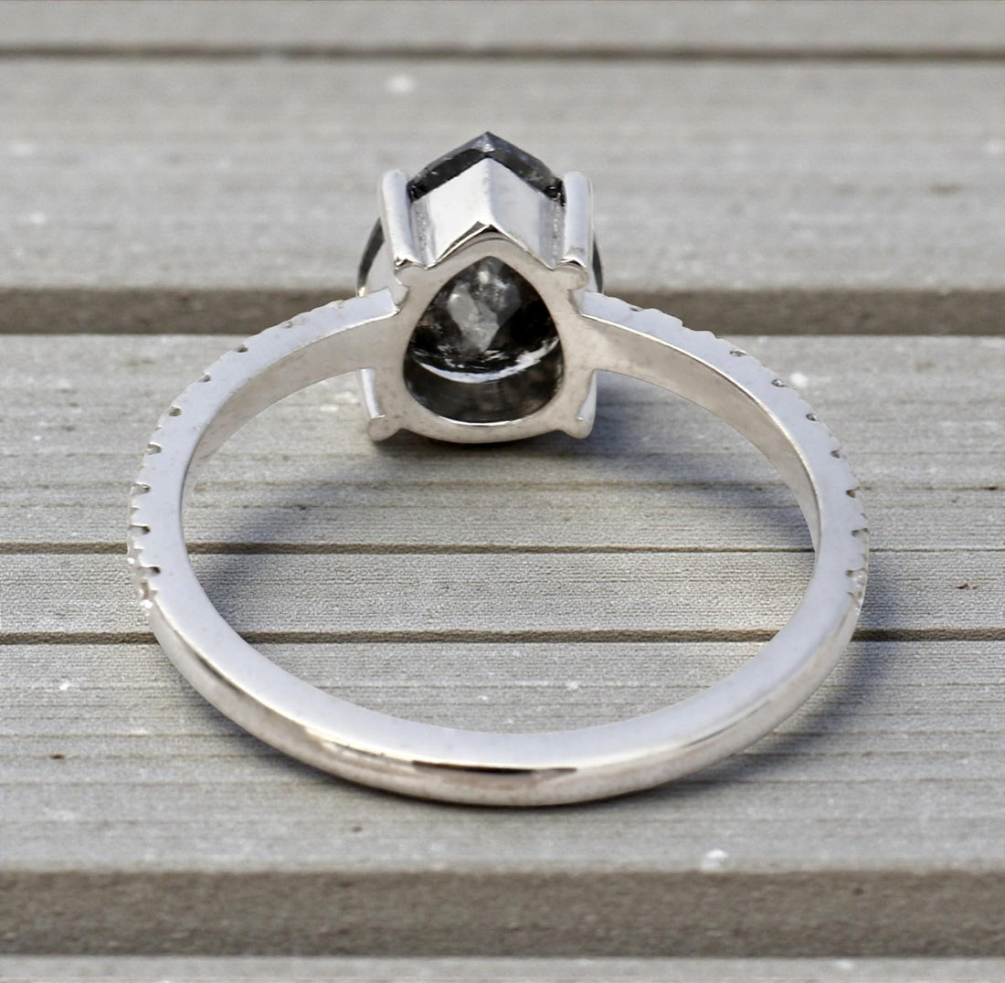 14K Rose Gold Pear Cut Grey Salt and Pepper Natural Diamond Promise Ring