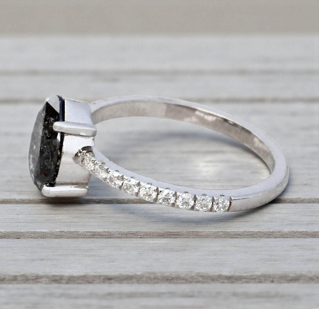 14K Rose Gold Pear Cut Grey Salt and Pepper Natural Diamond Promise Ring