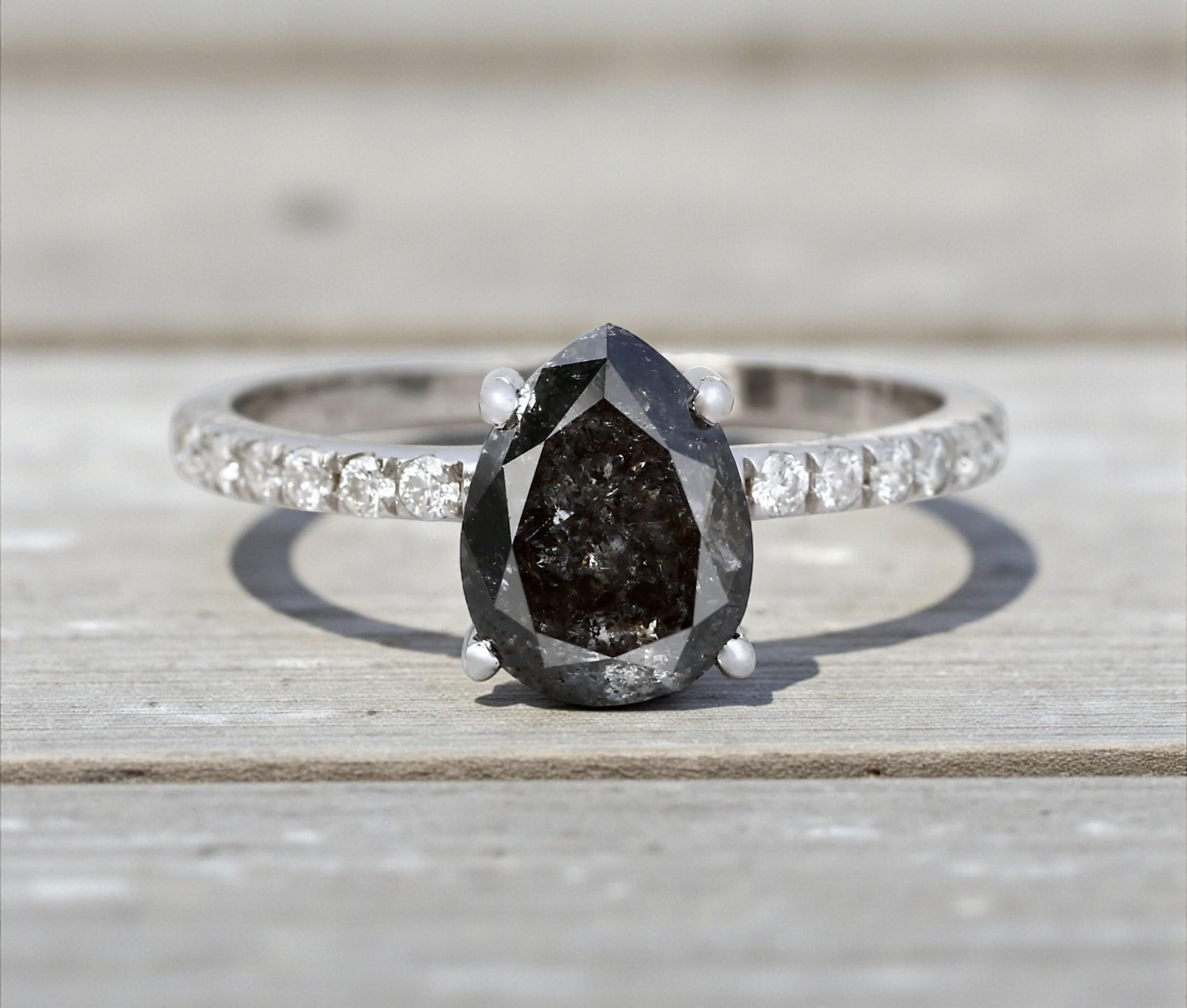 14K Rose Gold Pear Cut Grey Salt and Pepper Natural Diamond Promise Ring