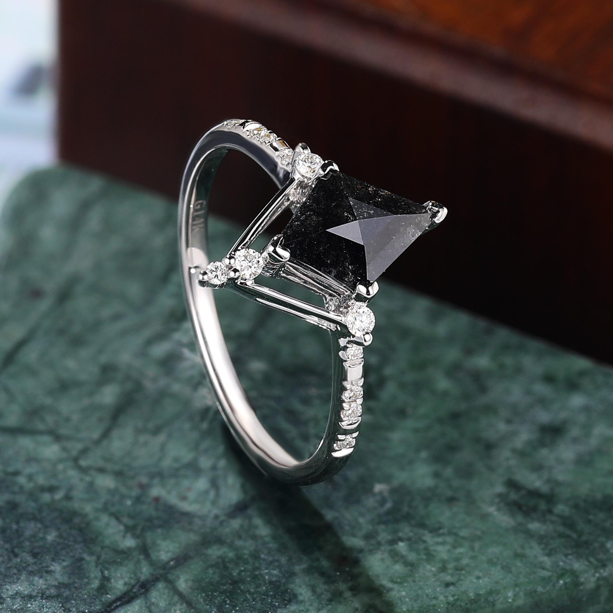 Kite Cut Black Diamond Ring, Natural Diamond 14K Yellow Gold Wedding Ring