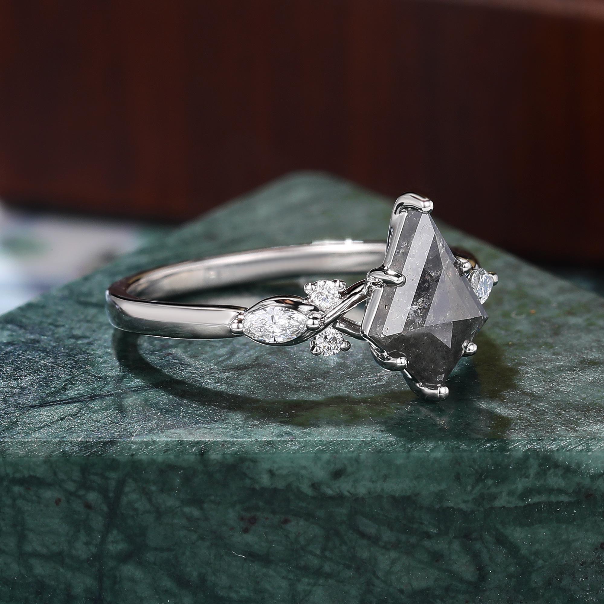 Kite Cut Black Diamond Ring, Natural Diamond 14K White Gold Promise Ring