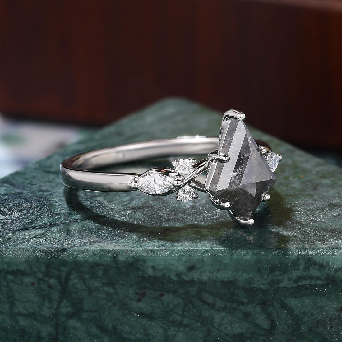 Kite Cut Black Diamond Ring, Natural Diamond 14K White Gold Promise Ring