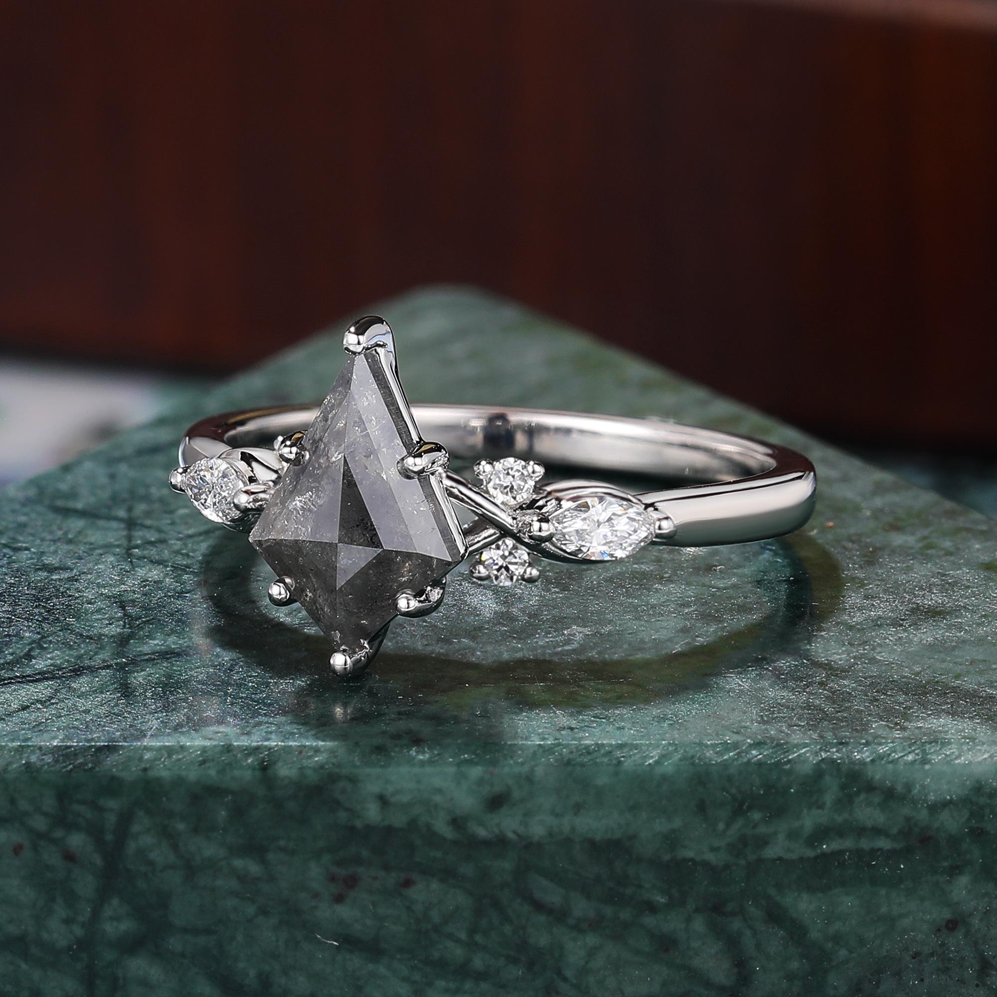 Kite Cut Black Diamond Ring, Natural Diamond 14K White Gold Promise Ring