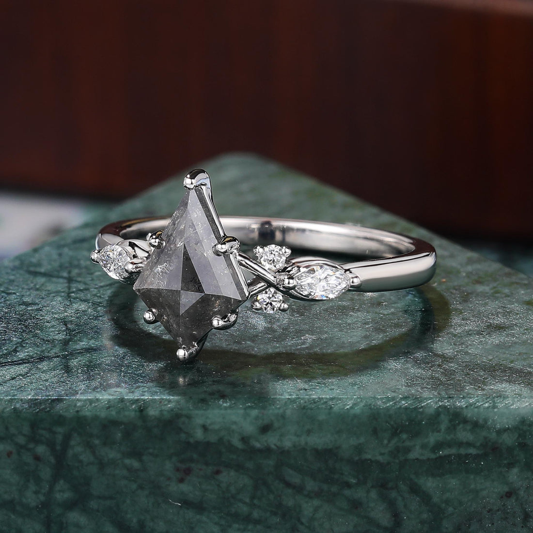 Kite Cut Black Diamond Ring, Natural Diamond 14K White Gold Promise Ring