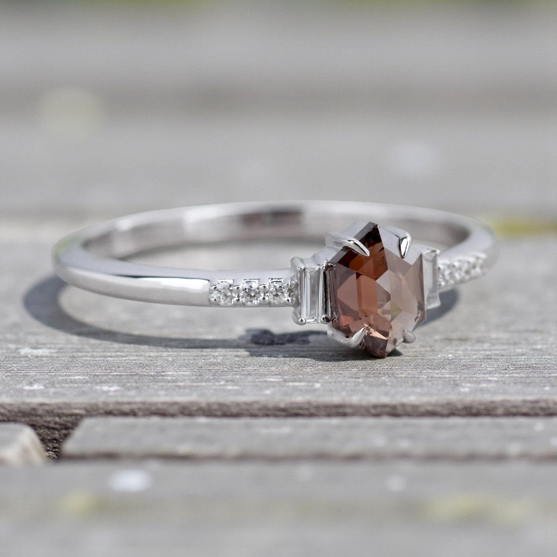 14K White Gold Hexagon Cut Brown Salt and Pepper Natural Diamond Promise Ring