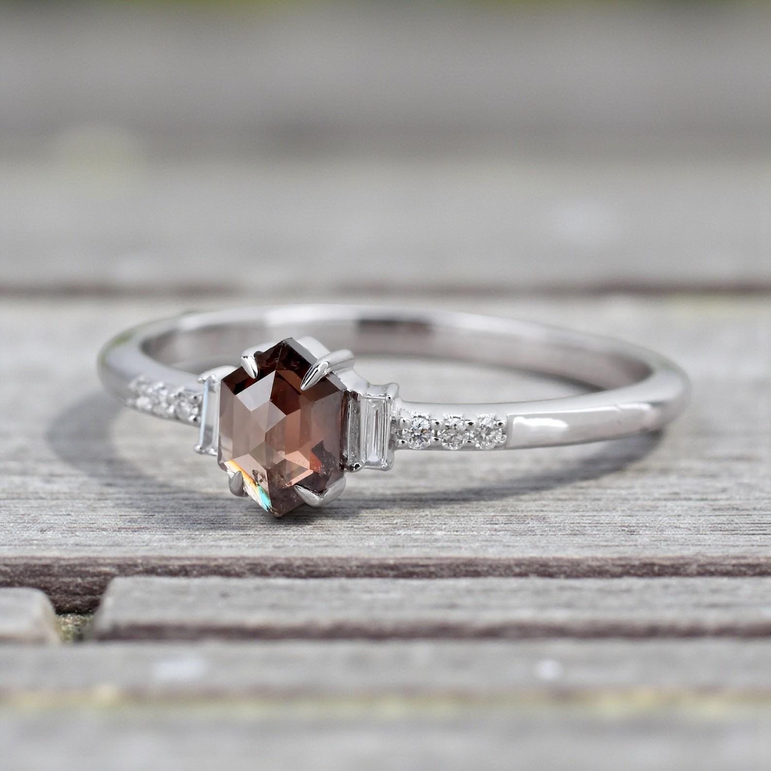 14K White Gold Hexagon Cut Brown Salt and Pepper Natural Diamond Promise Ring