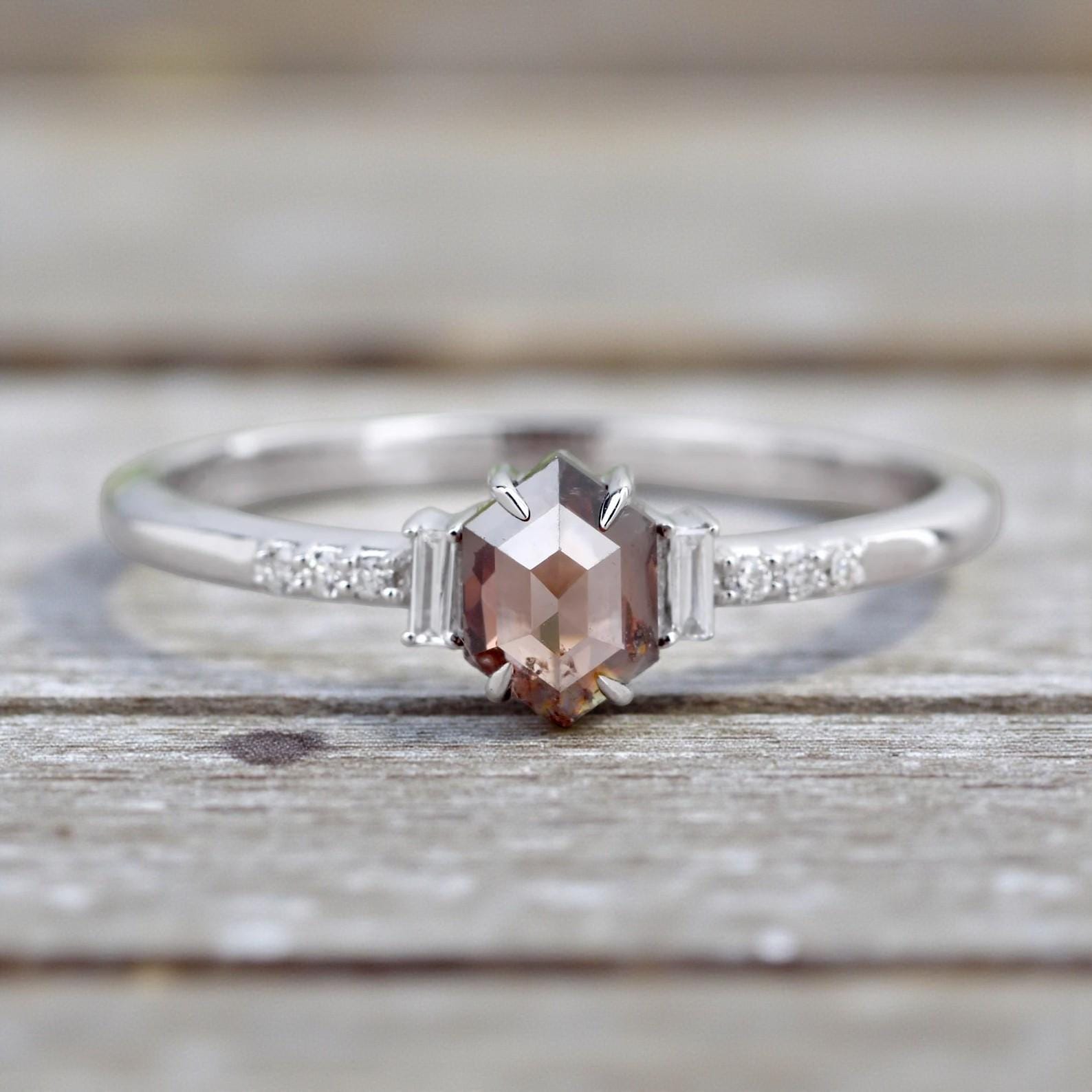 14K White Gold Hexagon Cut Brown Salt and Pepper Natural Diamond Promise Ring