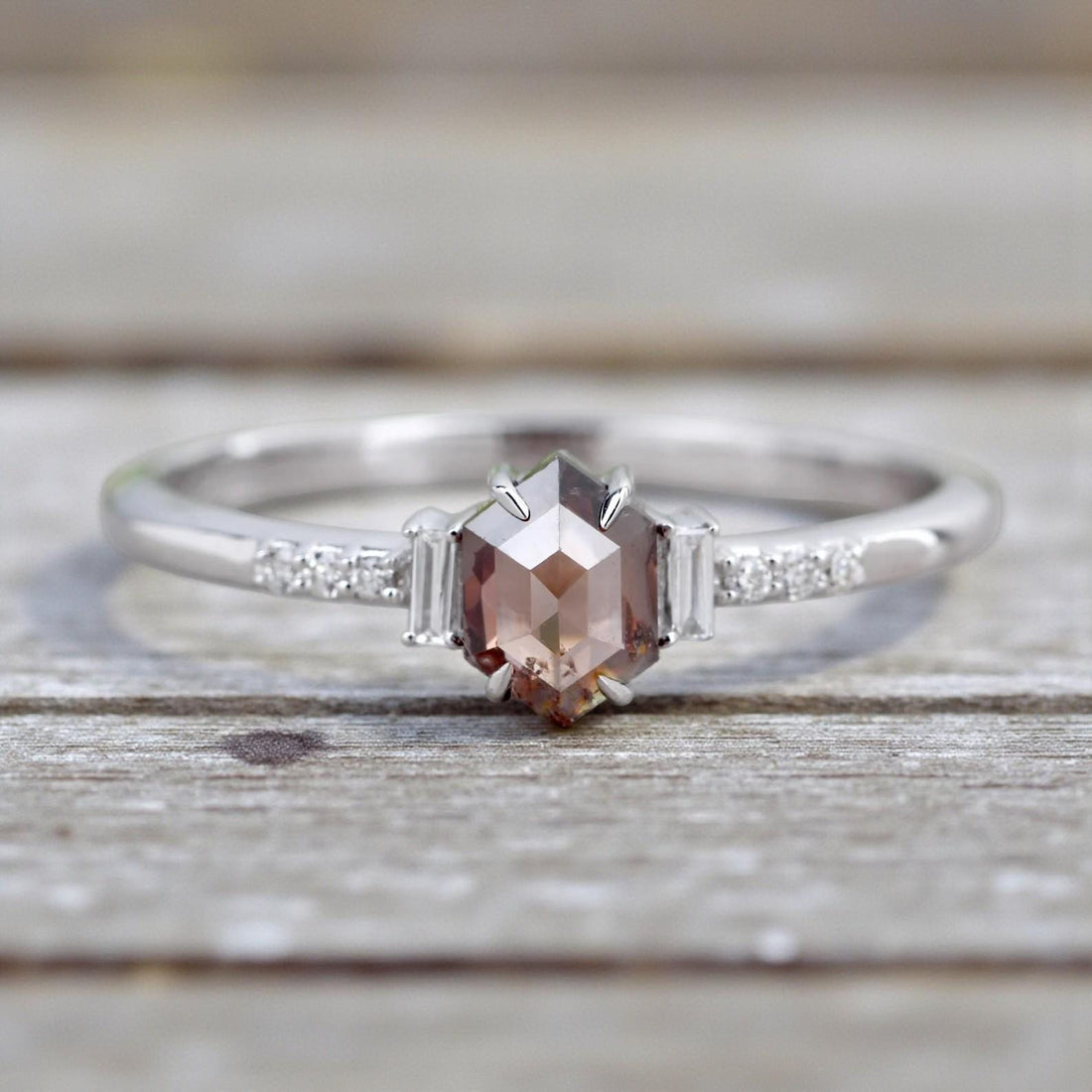 14K White Gold Hexagon Cut Brown Salt and Pepper Natural Diamond Promise Ring