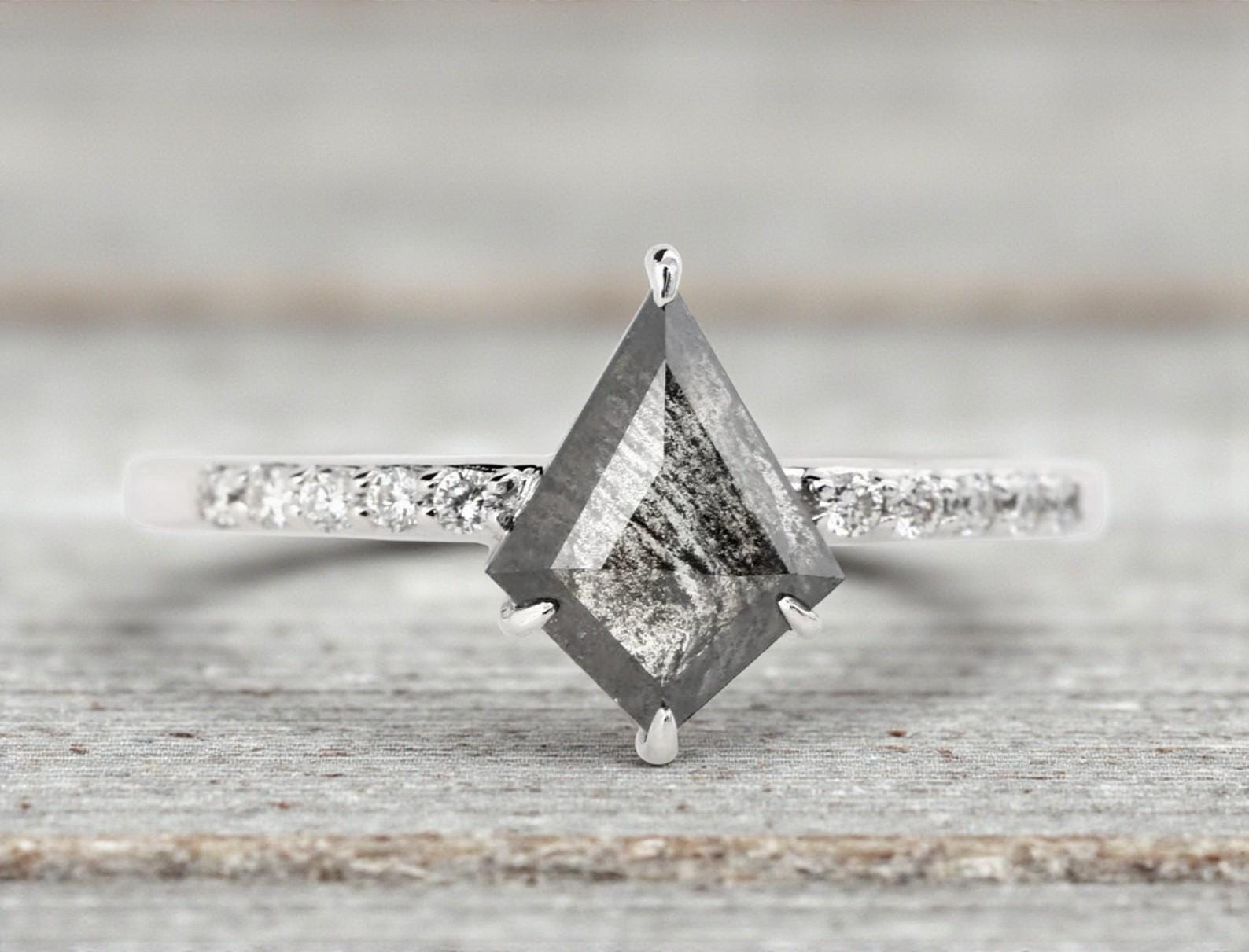 14K White Gold Grey Kite Cut Salt and Pepper Natural Diamond Anniversary Ring