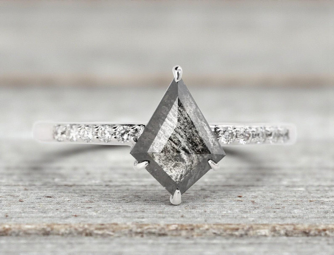 14K White Gold Grey Kite Cut Salt and Pepper Natural Diamond Anniversary Ring
