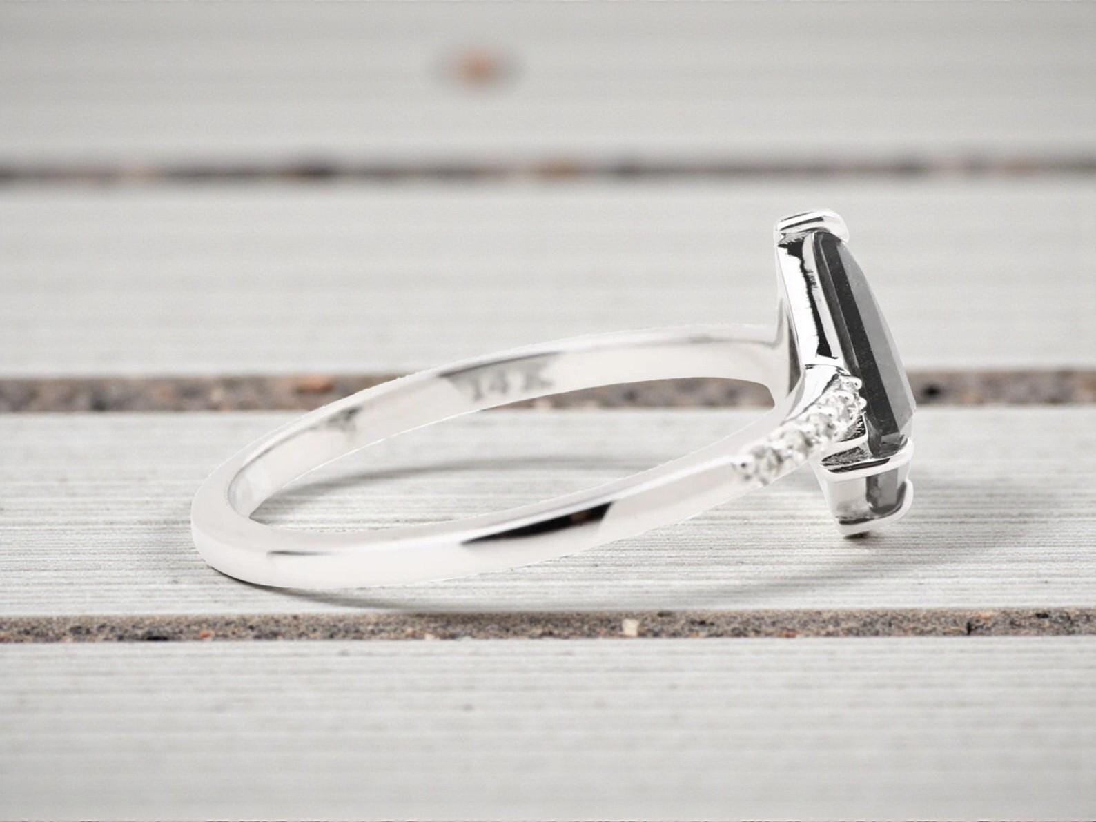 14K White Gold Grey Kite Cut Salt and Pepper Natural Diamond Anniversary Ring