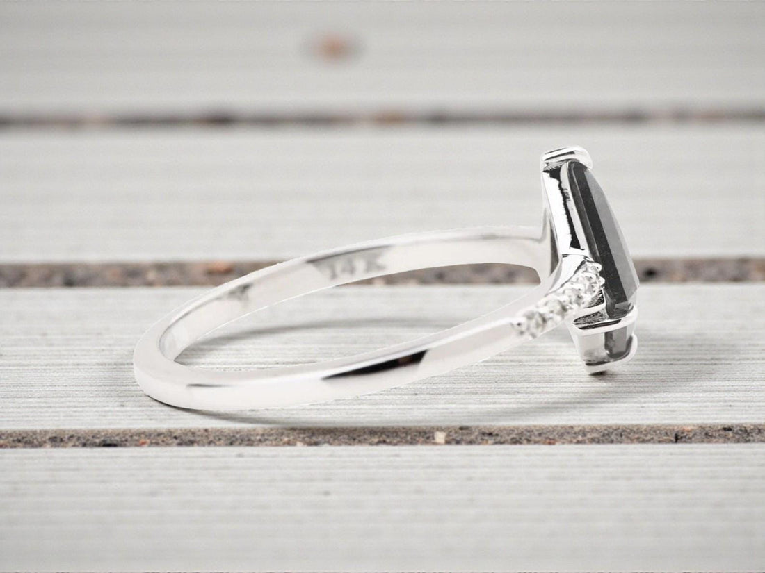 14K White Gold Grey Kite Cut Salt and Pepper Natural Diamond Anniversary Ring