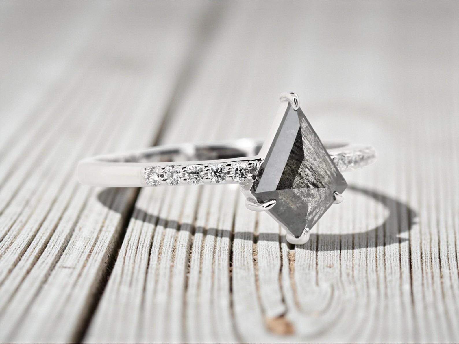14K White Gold Grey Kite Cut Salt and Pepper Natural Diamond Anniversary Ring