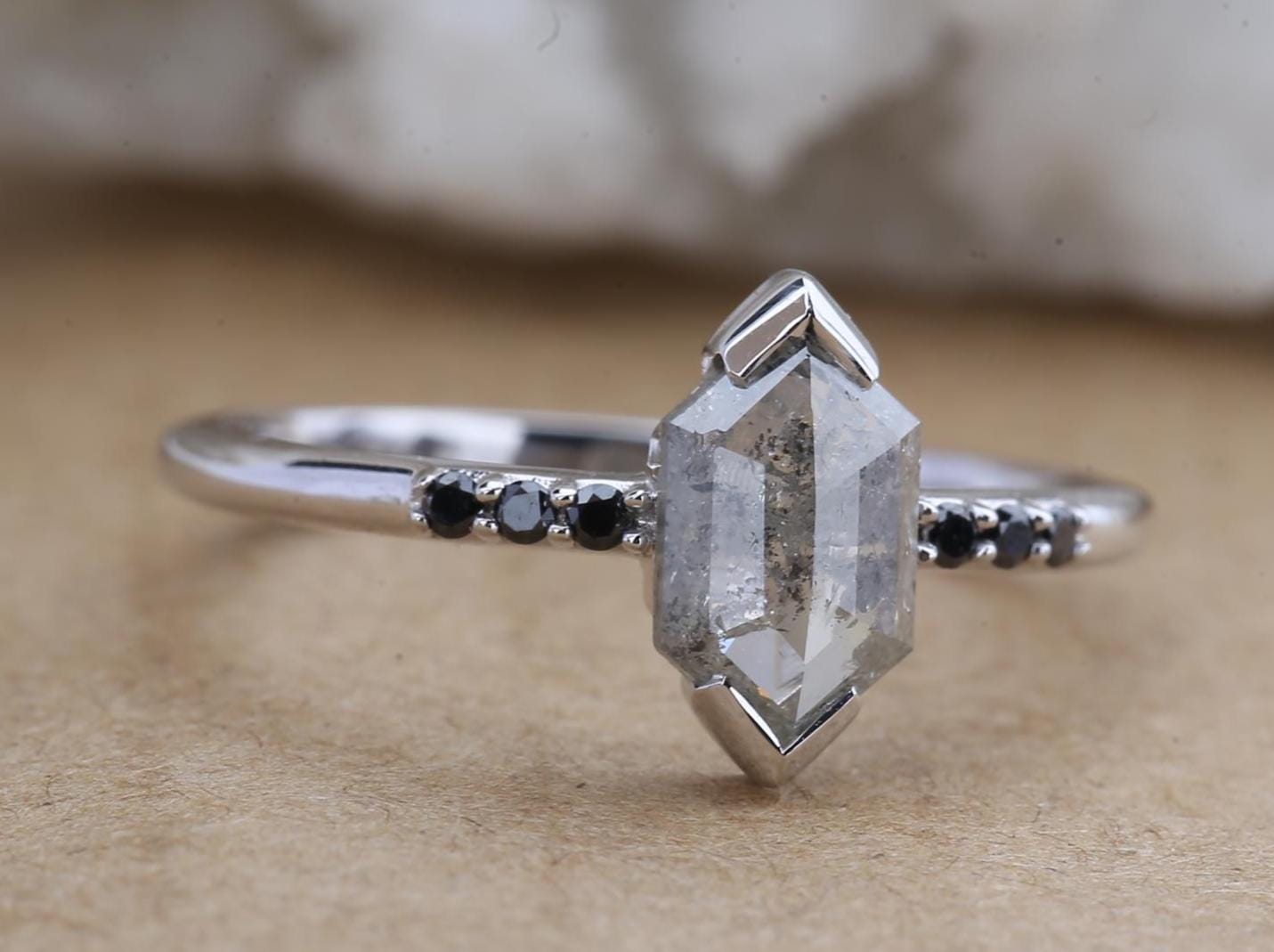 14K Rose Gold Grey Salt and Pepper Hexagon Cut Natural Diamond Engagement Ring