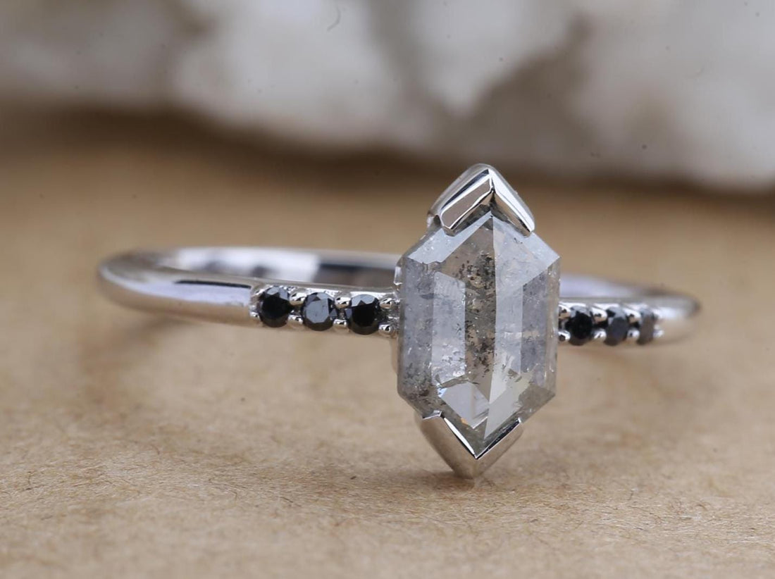 14K Rose Gold Grey Salt and Pepper Hexagon Cut Natural Diamond Engagement Ring