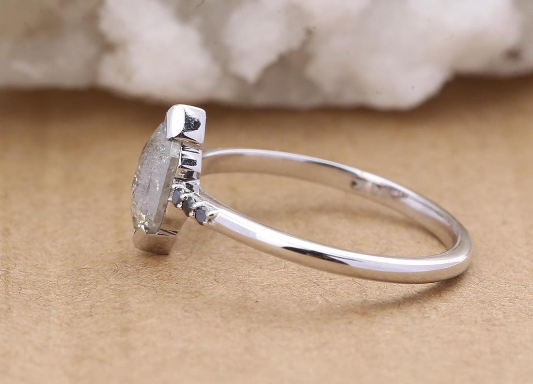 14K Rose Gold Grey Salt and Pepper Hexagon Cut Natural Diamond Engagement Ring