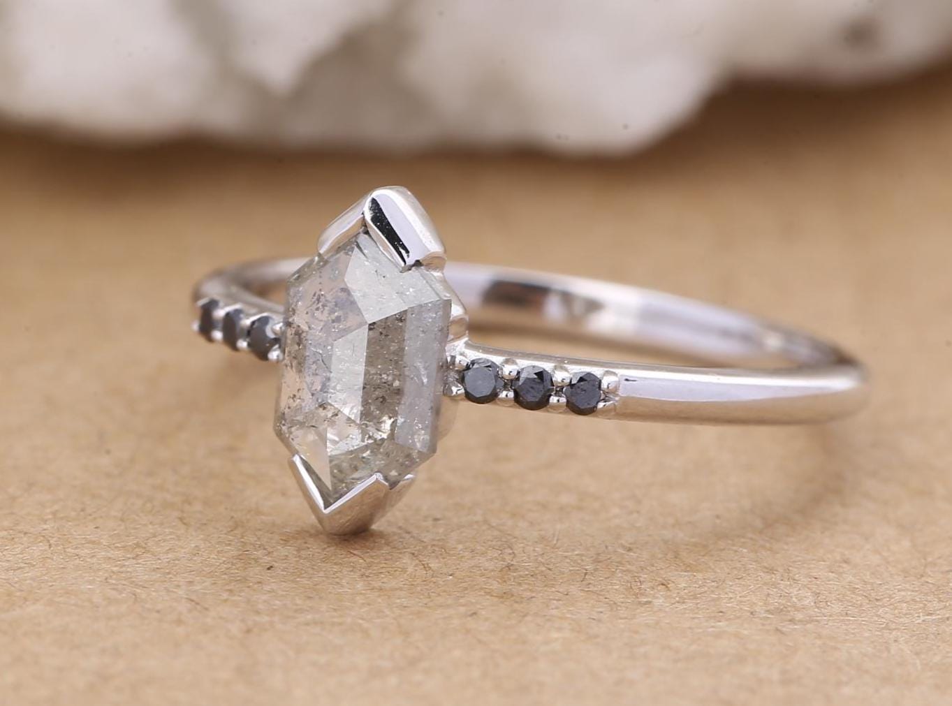 14K Rose Gold Grey Salt and Pepper Hexagon Cut Natural Diamond Engagement Ring